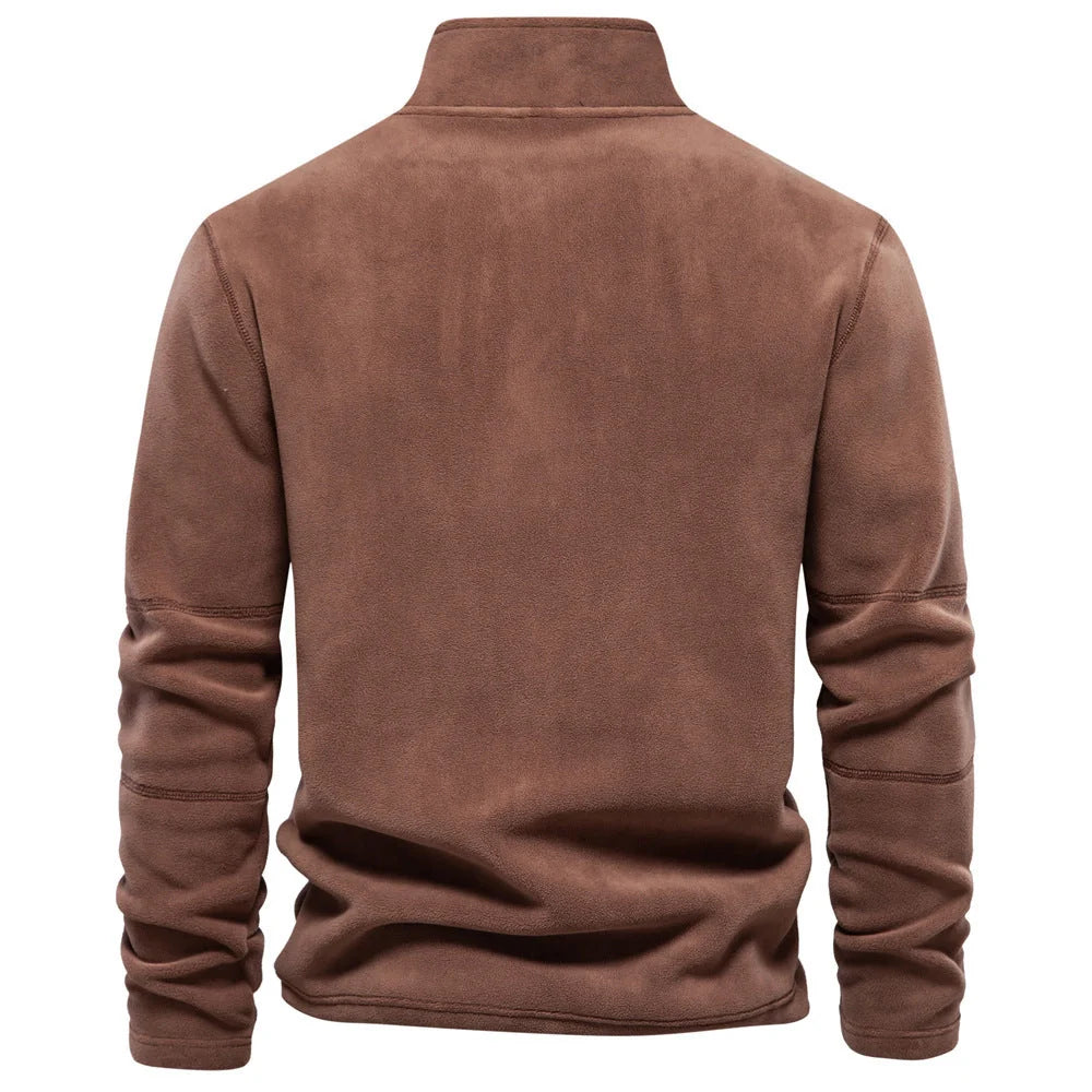 Men's stand-collar zippered fleece sweatshirt in olive green, brown, and dark grey