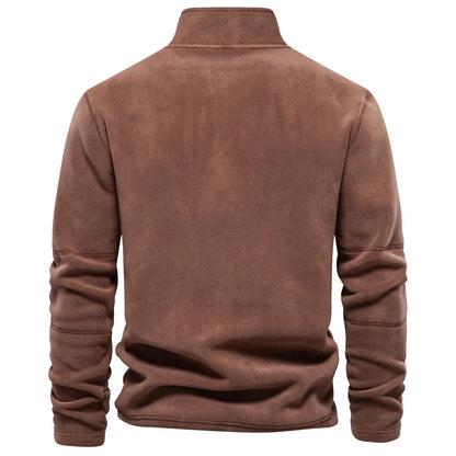 Men's stand-collar zippered fleece sweatshirt in olive green, brown, and dark grey