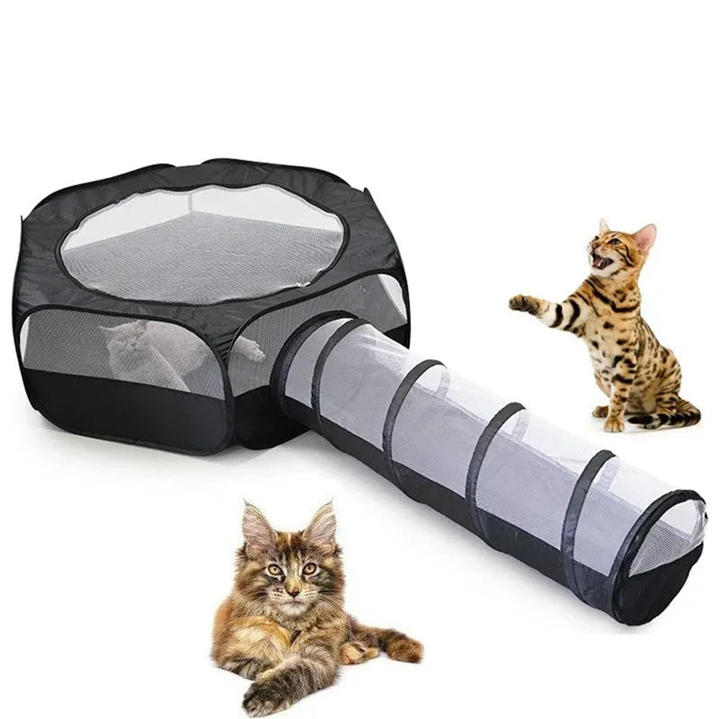 Grey foldable 30cm cat tunnel made of polyester, shown with a tent section and tunnel opening for indoor play