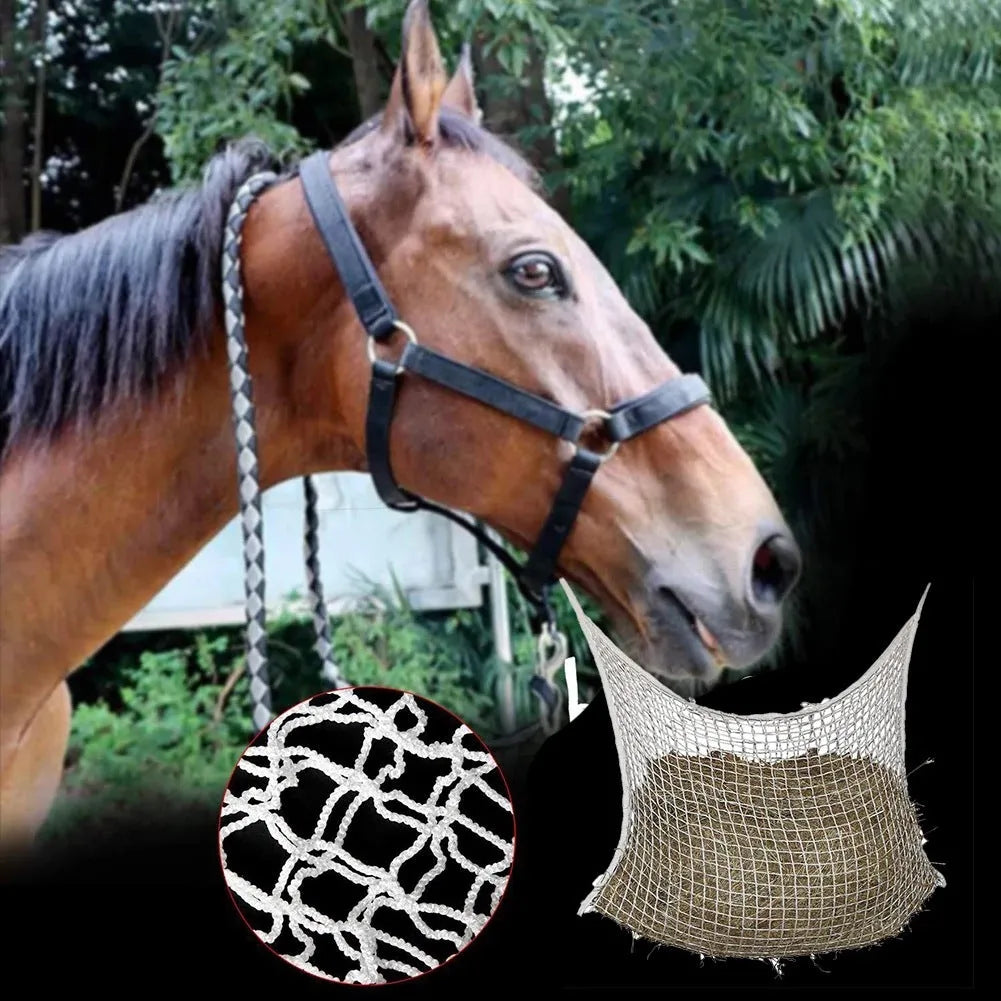 Black woven grid horse feeding bag hanging on a fence