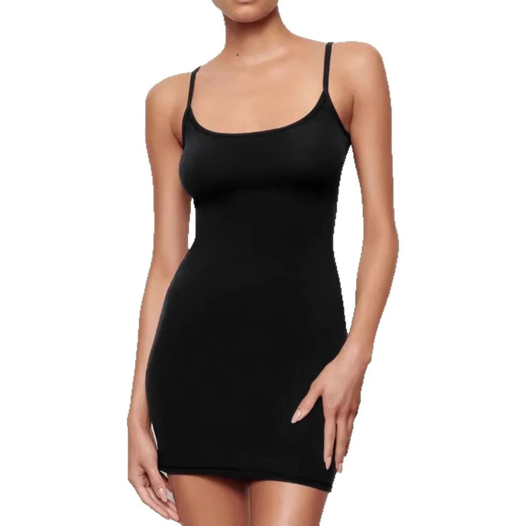 Black sleeveless skinny sheath dress with a sling style neckline.