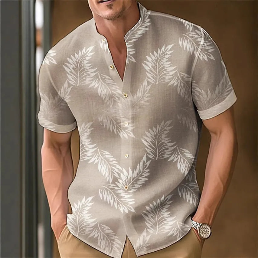 Men's printed casual shirt on a hanger, showing one of eight available colour options.