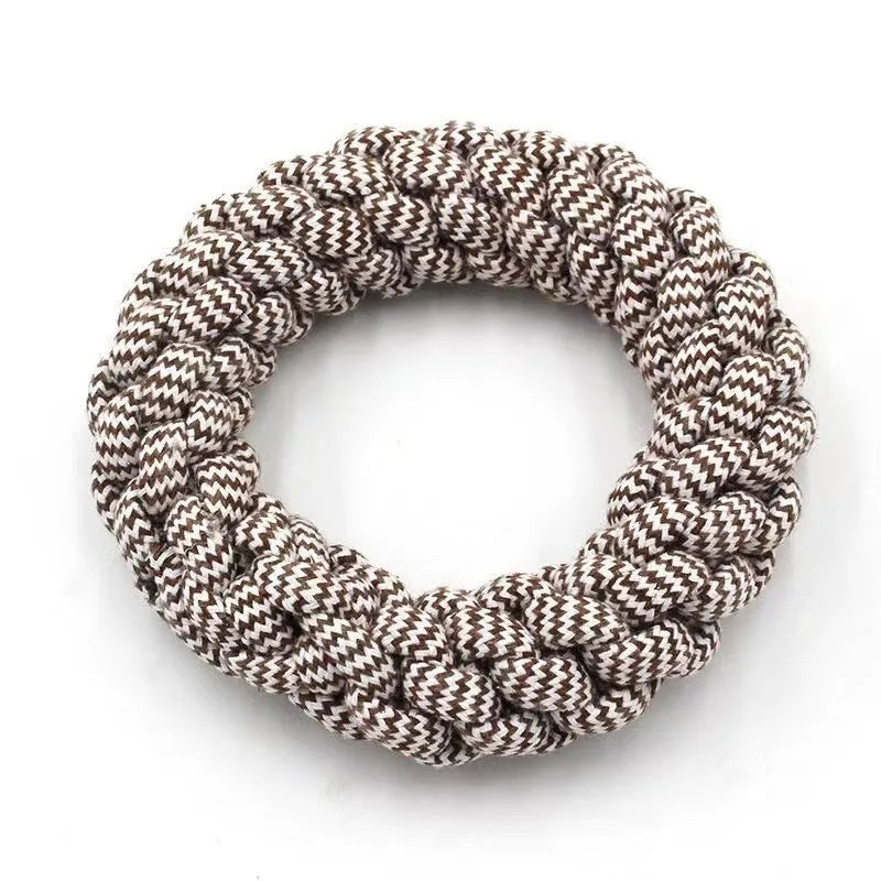 Cotton string braided ring dog chew toy measuring 18cm with knotted texture