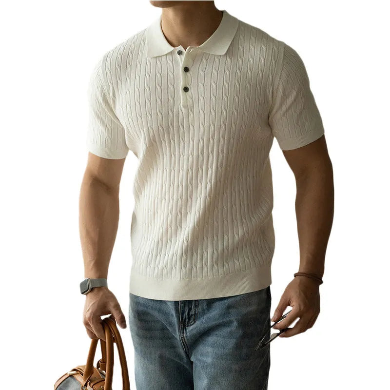 Men's khaki short sleeve business top laid flat, showing collar and sleeve detail.