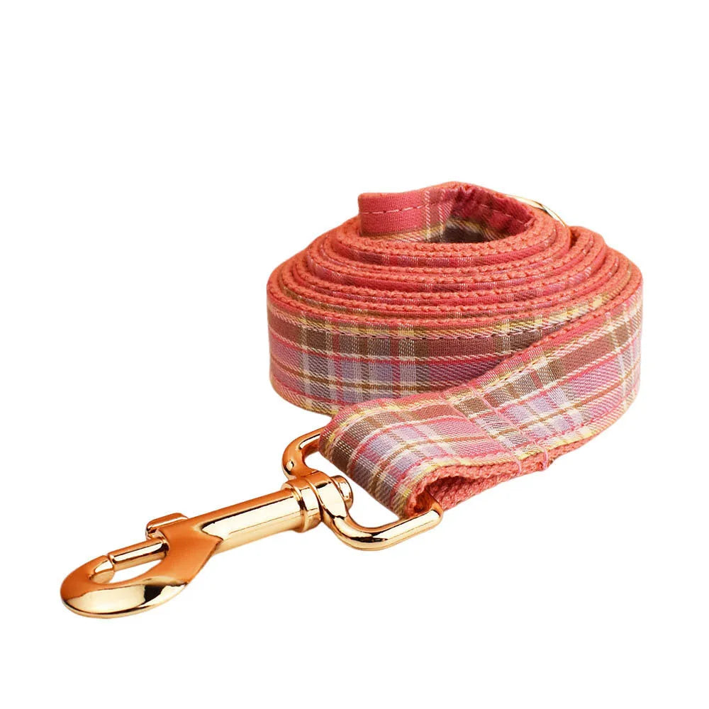 Plaid pattern dog collar and leash set with bow accessories in cloth material
