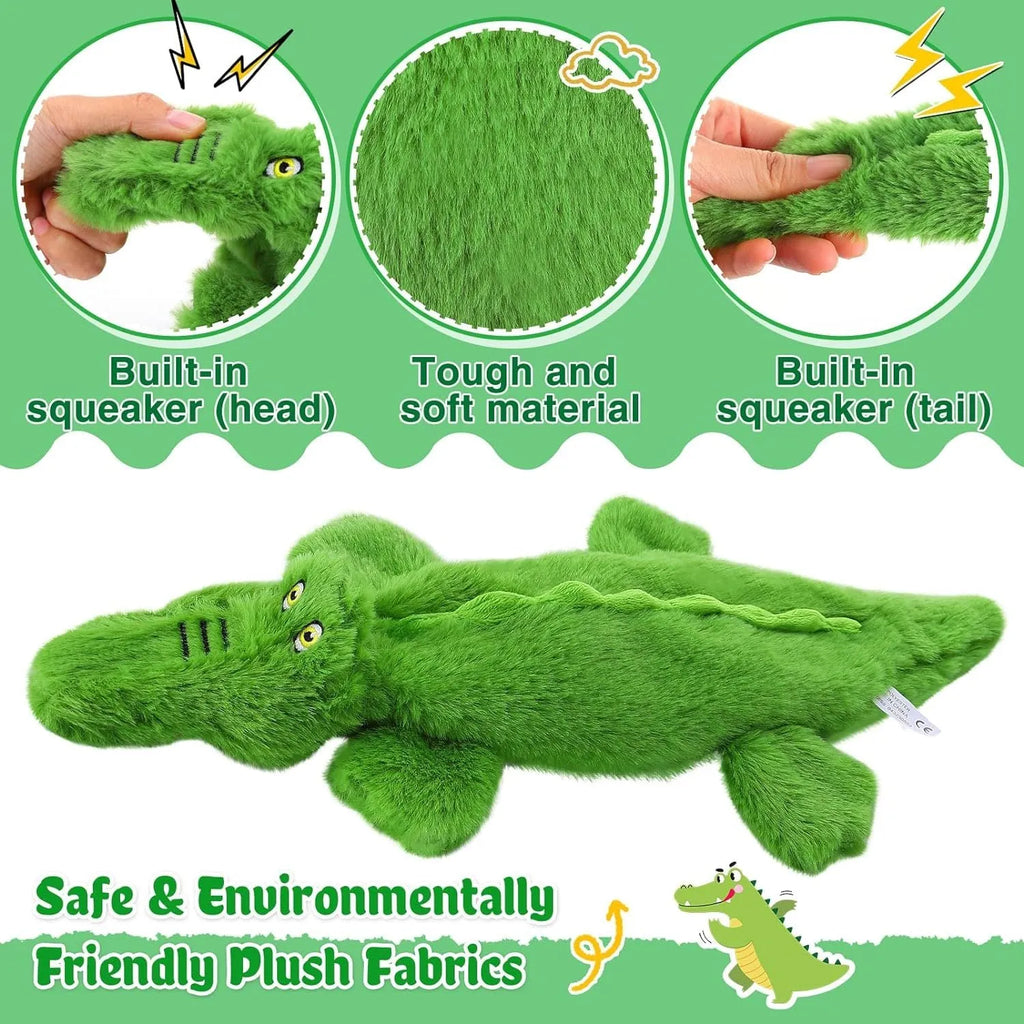 Green crocodile squeaky dog toy for aggressive chewers with no-stuffing design