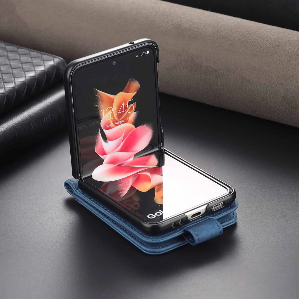 PU PC flip phone case with three card slots and magnetic closure for Samsung Z Flip 3, 4, 5 in black
