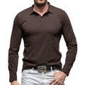 Man wearing a dark grey long-sleeve polo collar t-shirt in an American retro style.
