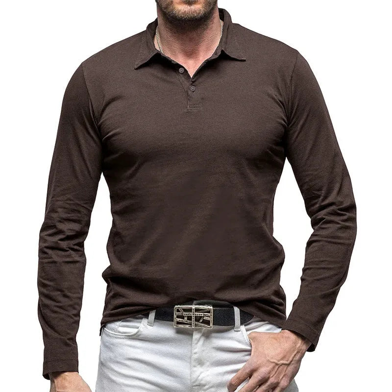Man wearing a dark grey long-sleeve polo collar t-shirt in an American retro style.