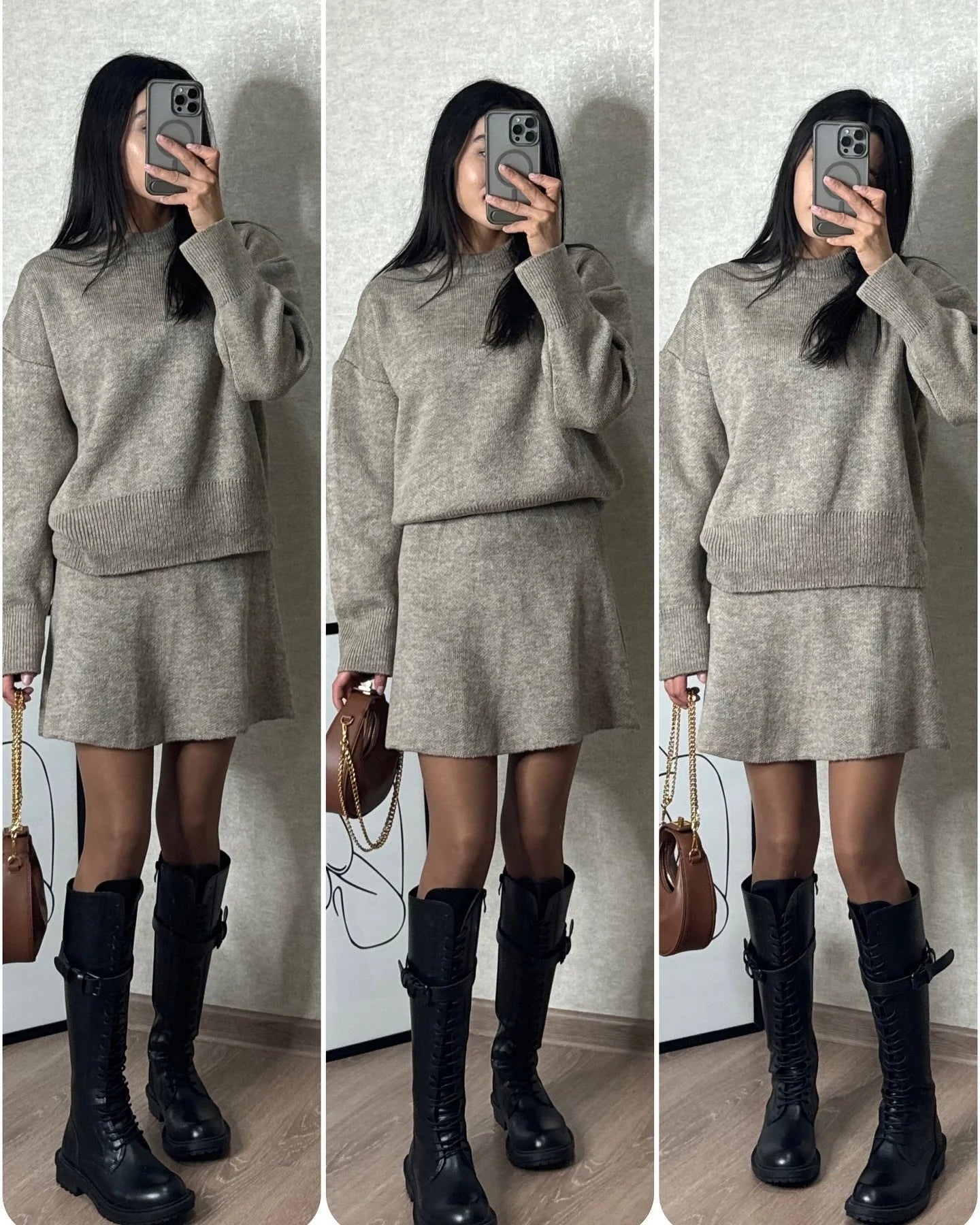 Stylish women's knit sweater and mini skirt set in various colors