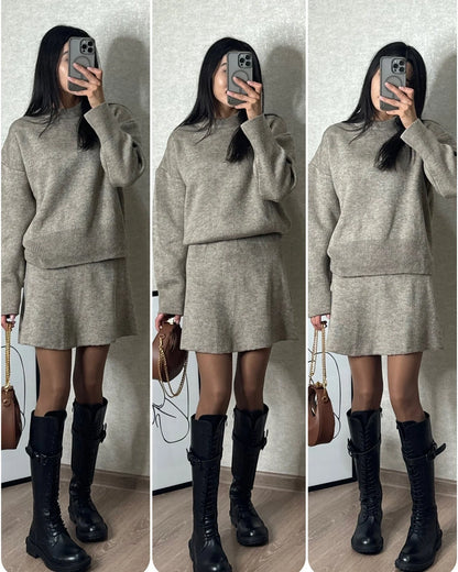 Stylish women's knit sweater and mini skirt set in various colors