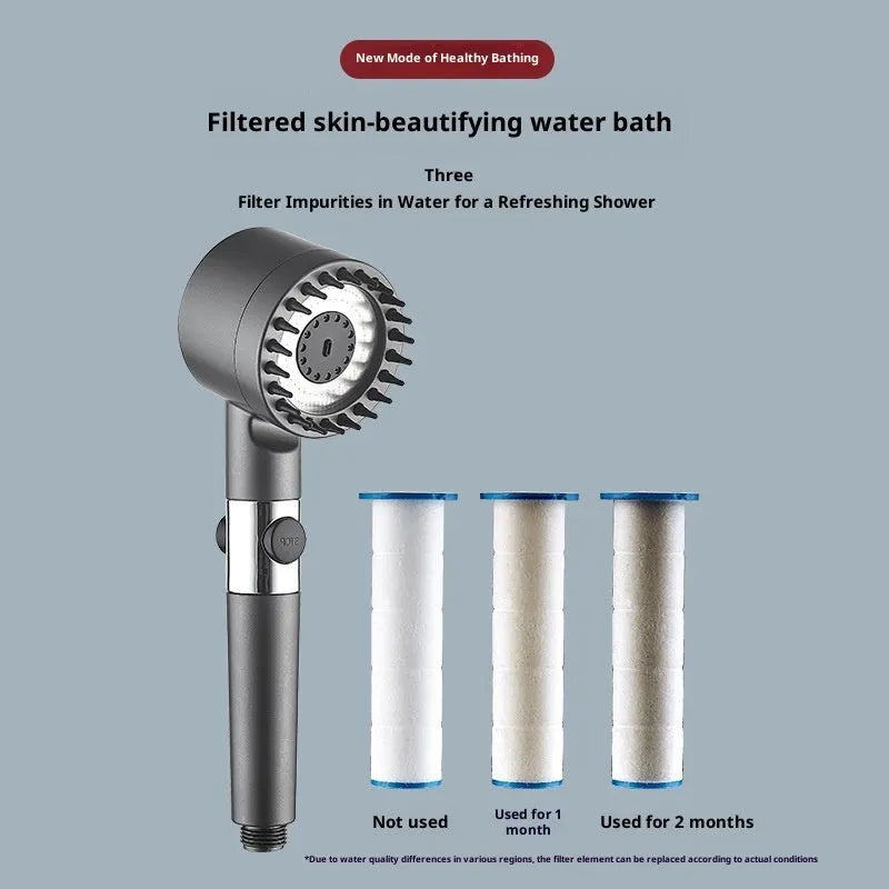 Supercharged ABS handheld shower set in light luxury grey with 5 functions, LED light, and universal interface.