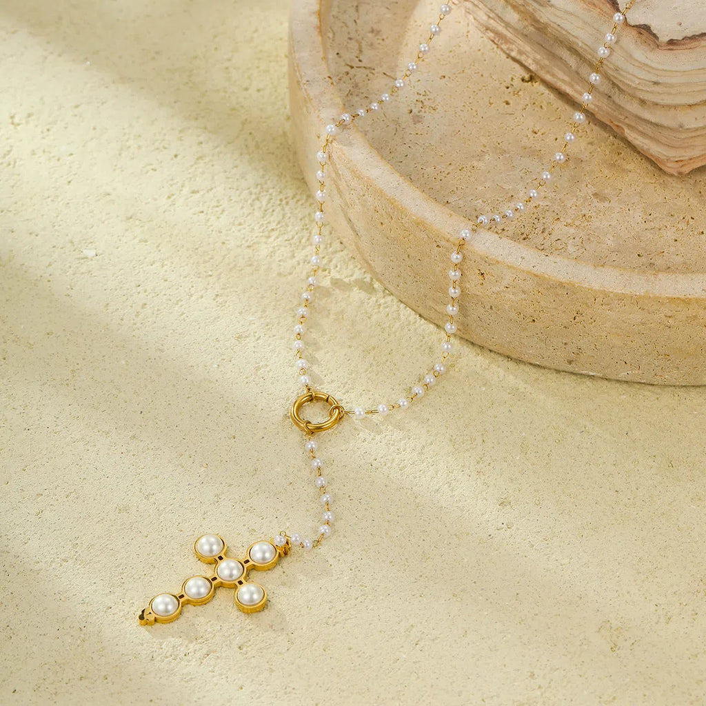 18K electroplated stainless steel cross pendant pearl necklace for women adjustable 41-50cm chain