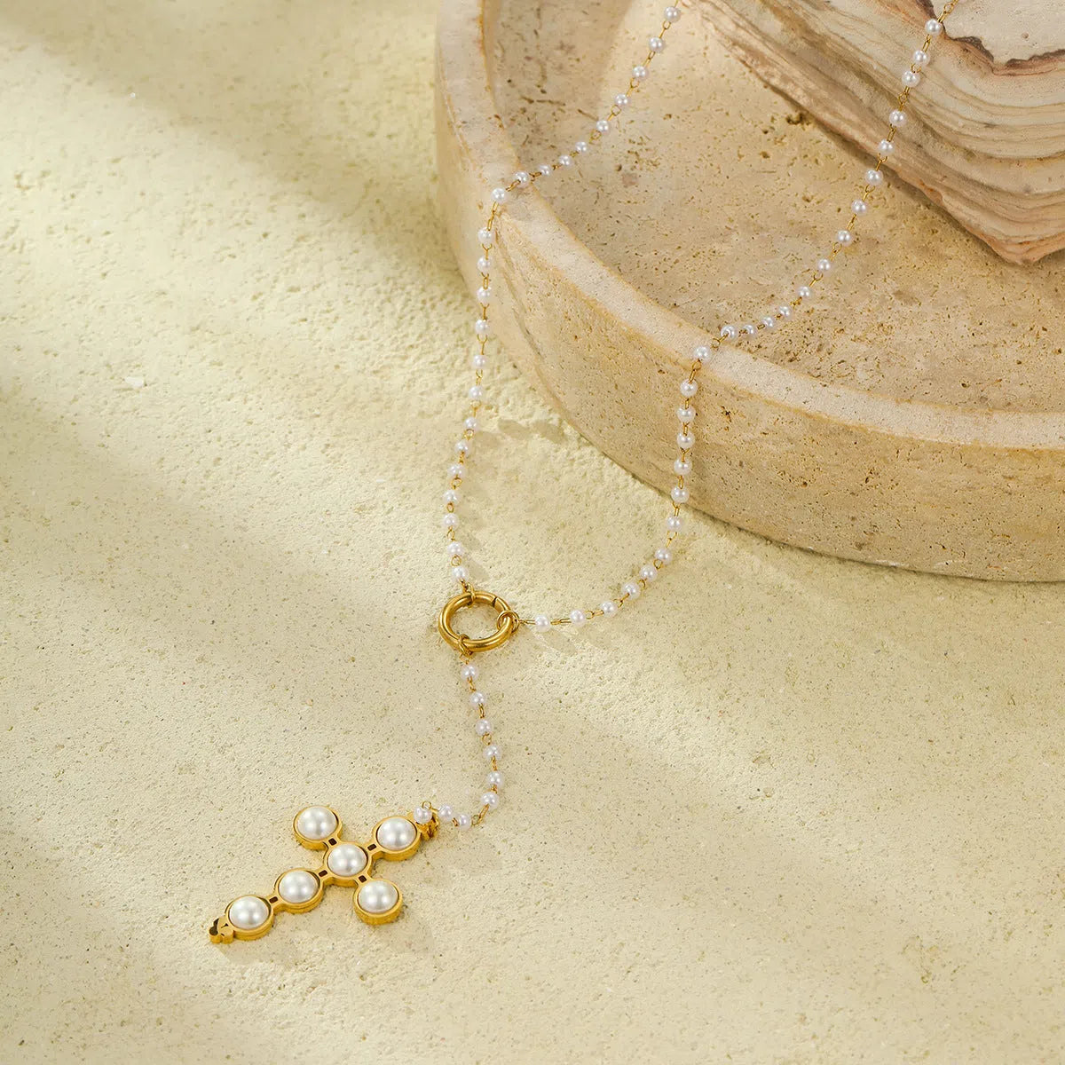 18K electroplated stainless steel cross pendant pearl necklace for women adjustable 41-50cm chain