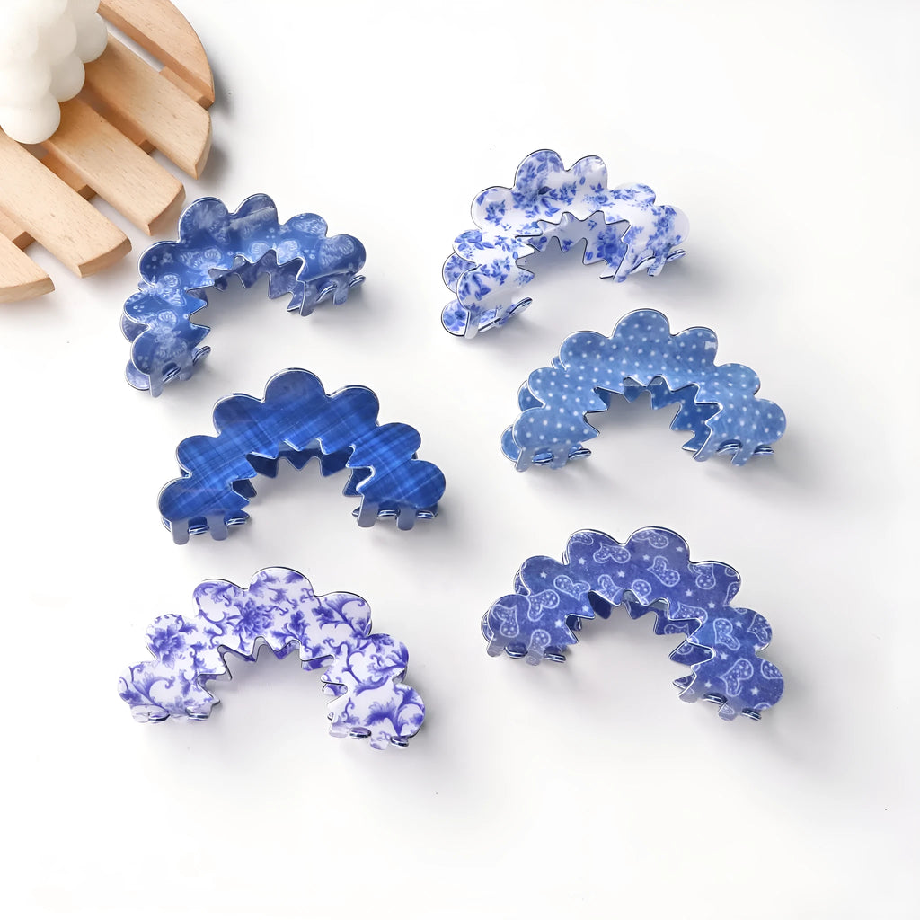 New Wave Grip Blue Series PVC barrette women's natural asymmetric back head hair clip in plaids pattern