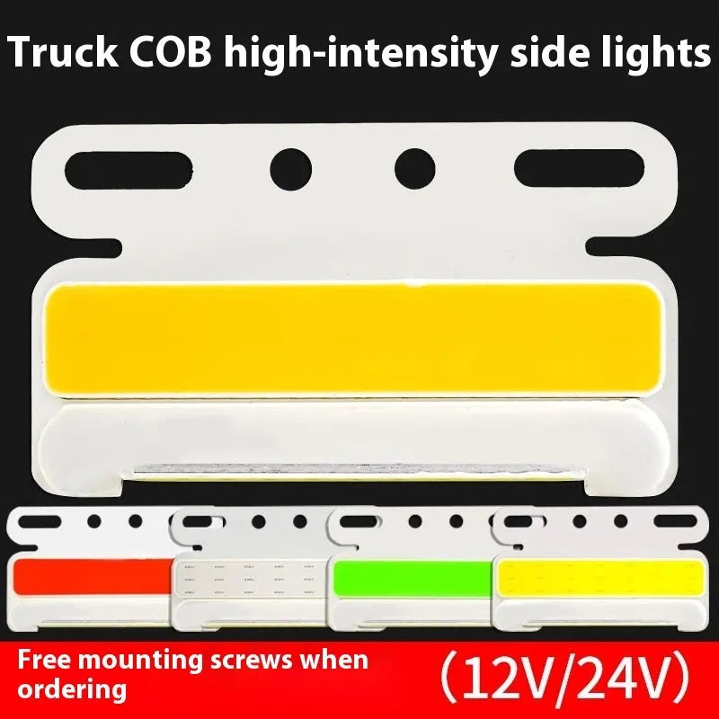 Waterproof aluminium truck COB side light in blue, green, red, white, or yellow for 12V/24V vehicles.