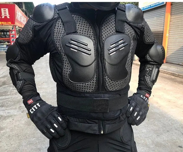 Black plastic armour jacket for motorcycle fall protection, available in multiple sizes M to 4XL