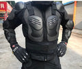 Black plastic armour jacket for motorcycle fall protection, available in multiple sizes M to 4XL