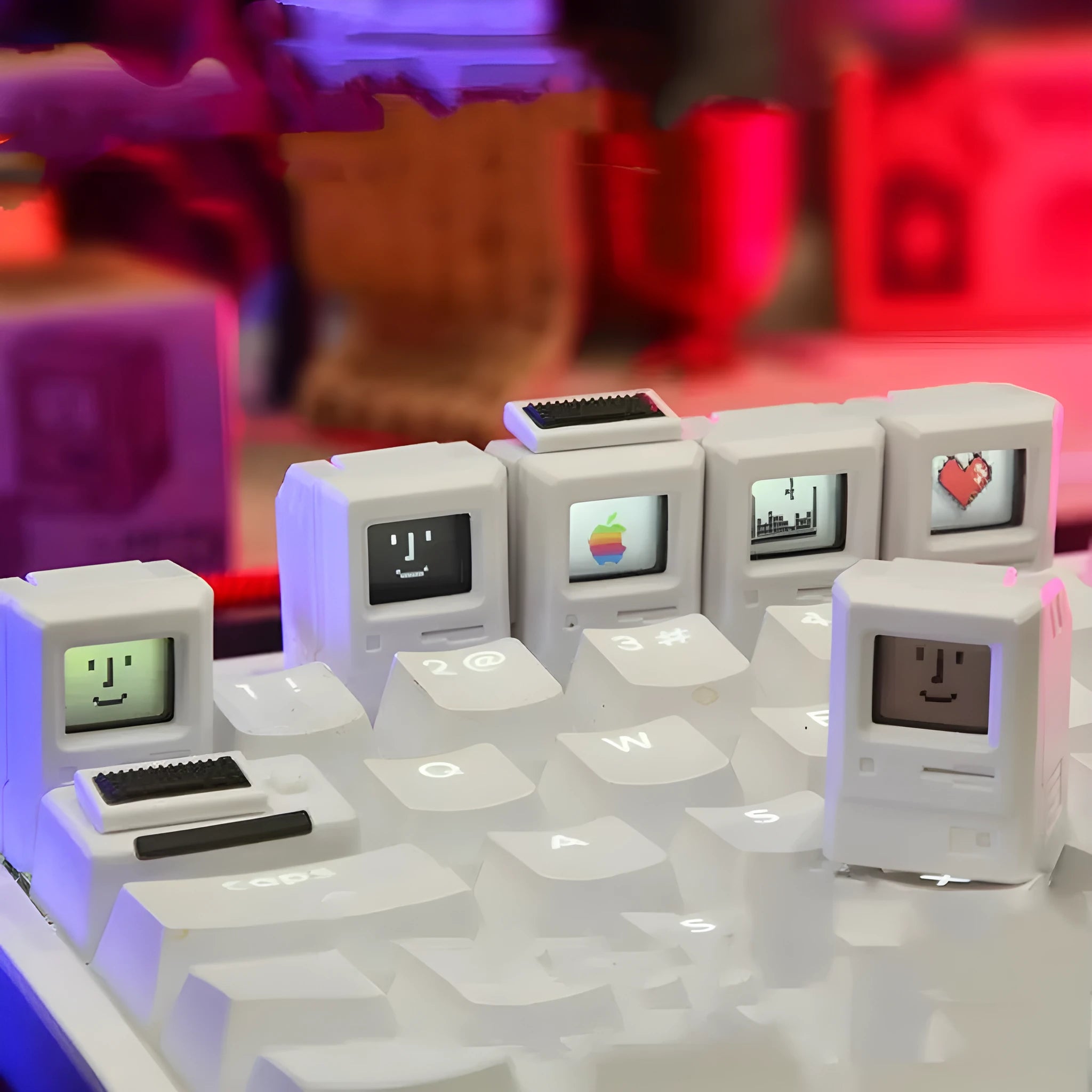 Transparent mechanical keycap with retro Macintosh styling in white colour option