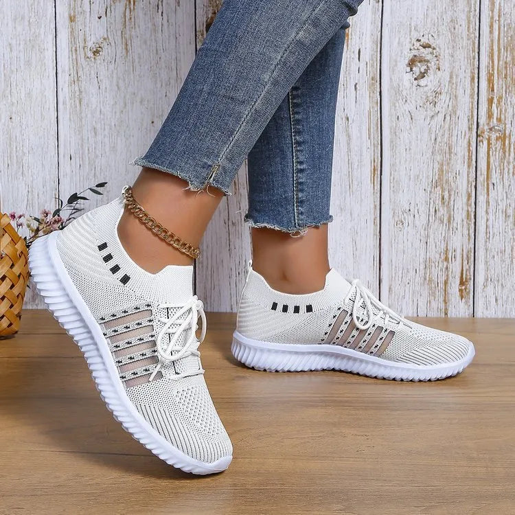 Women's white casual flyknit wedge lace-up mesh shoes with round toe and low top