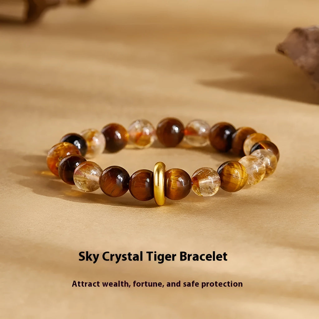 Tigereye beaded bracelet women 8mm crystal dome tiger style sterling silver