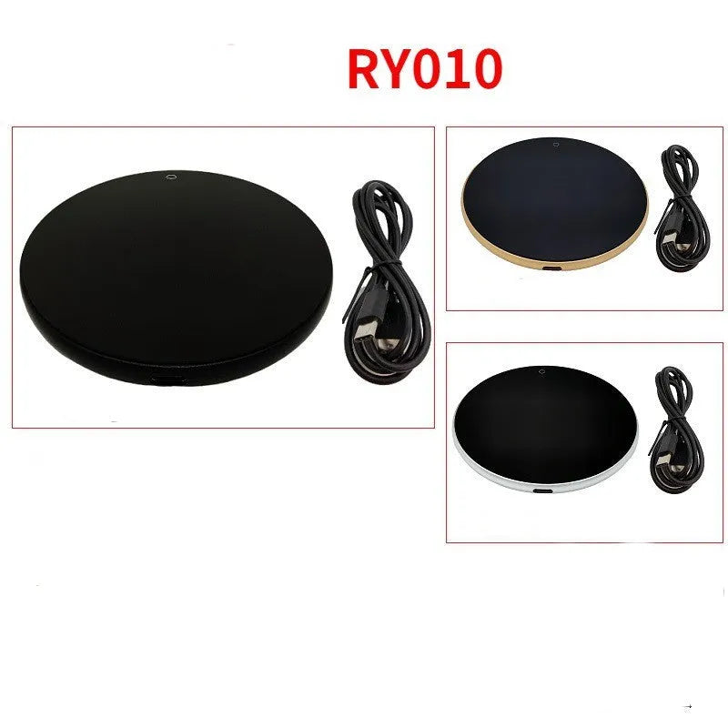 Black USB heating coaster with temperature adjustment buttons for warming coffee and tea mugs