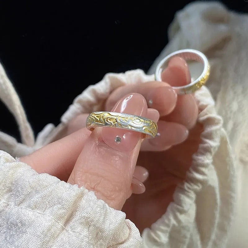White copper open mouth ring with Xiangyun pattern in electroplated silver gold finish