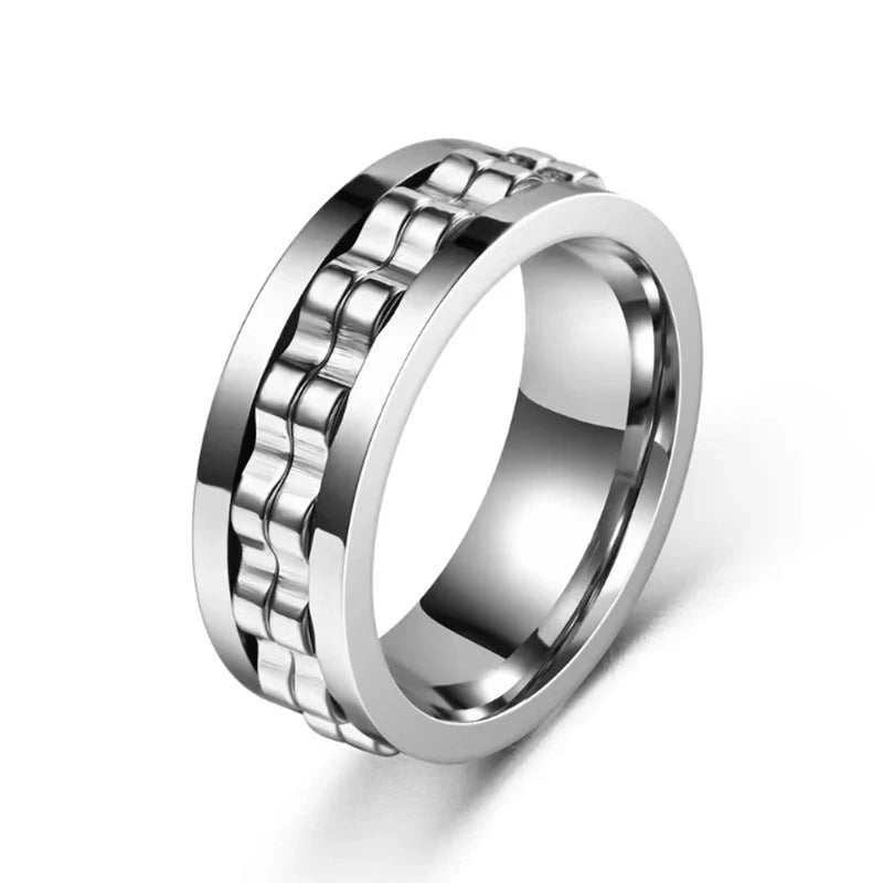 Men's titanium spinner ring with square texture and rotating gear design