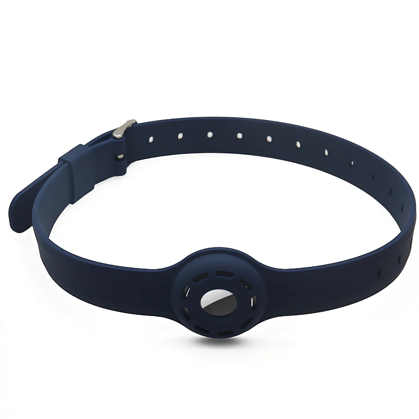 Red silicone AirTag tracker collar wrapped on pet neck, adjustable armband in solid colour for anti-lost security