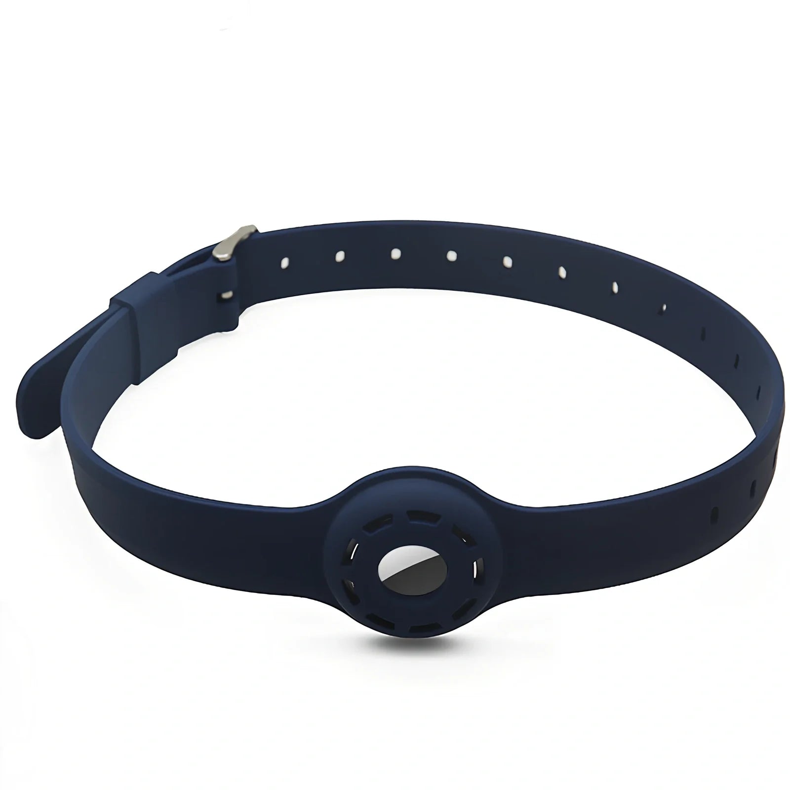 Red silicone AirTag tracker collar wrapped on pet neck, adjustable armband in solid colour for anti-lost security