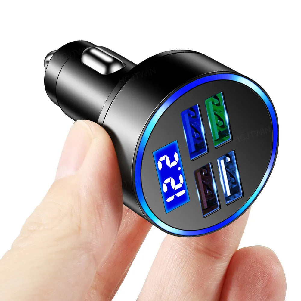 Black four-port USB car charger with cigarette lighter connector