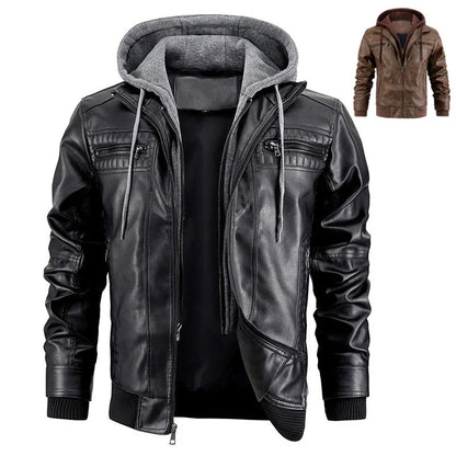 Men's black and brown hooded PU leather jacket with zipper pockets