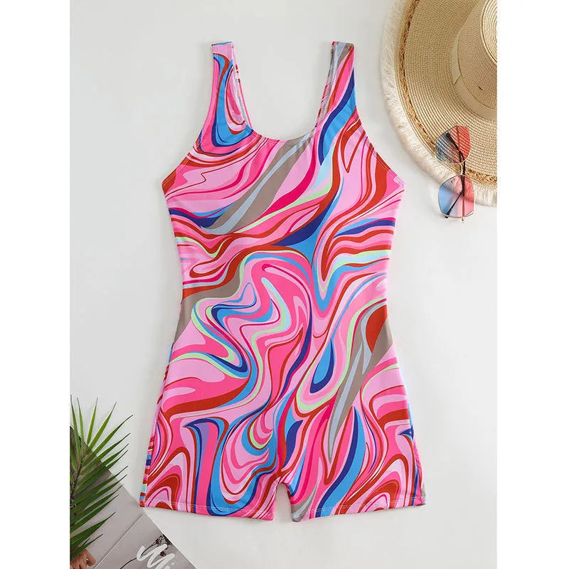 Women's printed high-waist backless one-piece swimsuit in a polyester fabric.