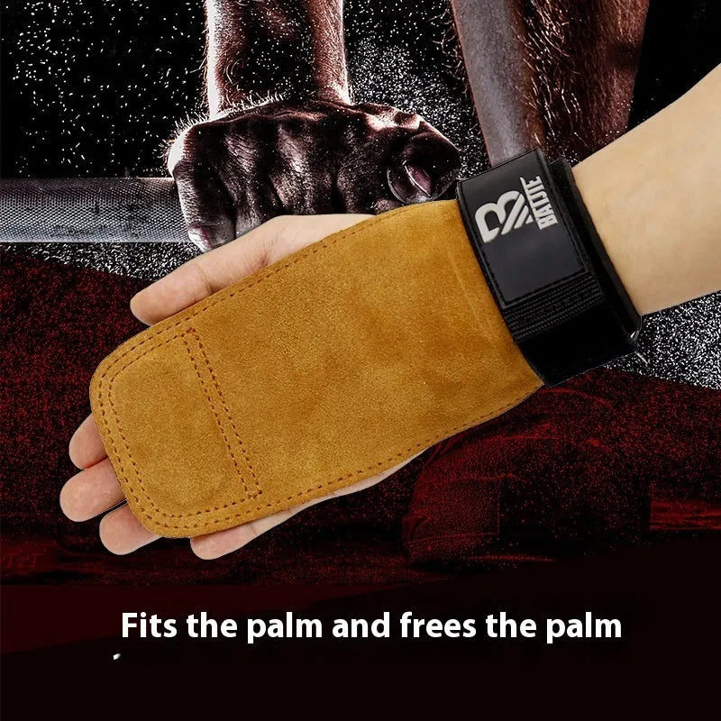 Brown leather wrist protector with adjustable strap for pull-up and fitness training.