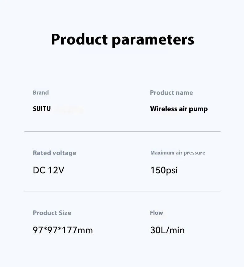ST-5518 portable wireless air pump with LED light showing compact dimensions and included nozzle attachments