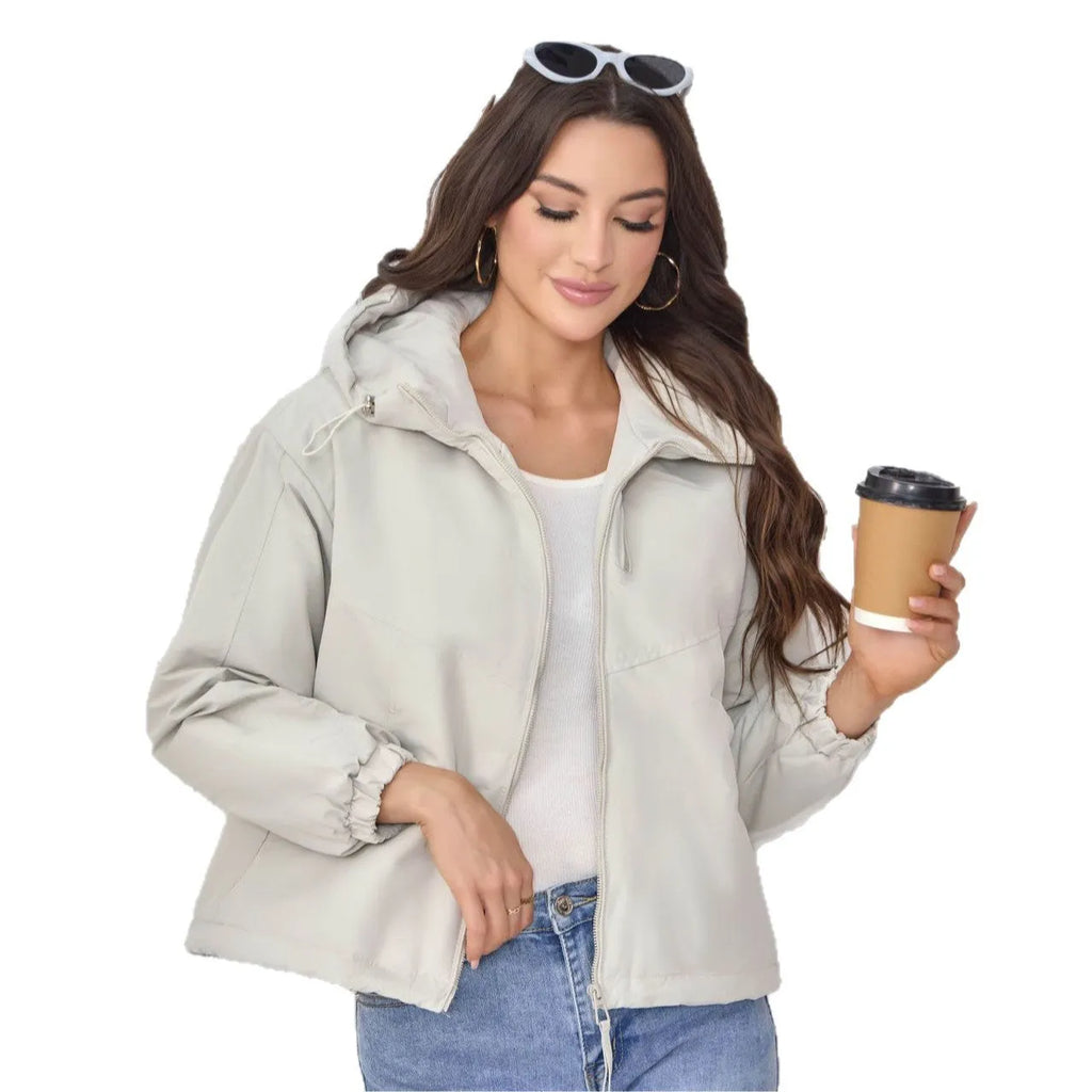 Women's loose fit hooded shell jacket in black, grey, or purple solid colour