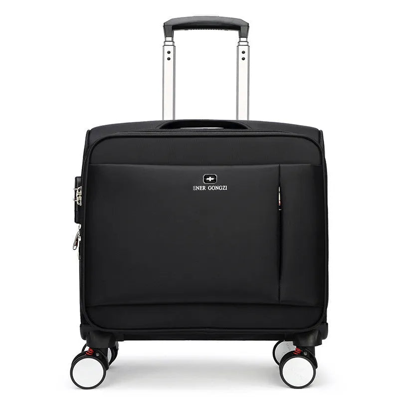 Black 18-inch Oxford cloth business travel suitcase with pull handle and wheels