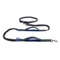 Blue adjustable waist dog running belt leash extended on grass