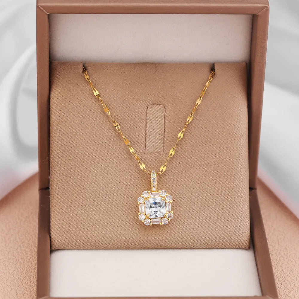 Women's geometric titanium steel clavicle chain necklace with mixed gem inlaid pendant and water wave chain