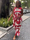 V-neck printed sleeveless A-line dress in Rose Red with abstract pattern, suitable for commuting and casual wear