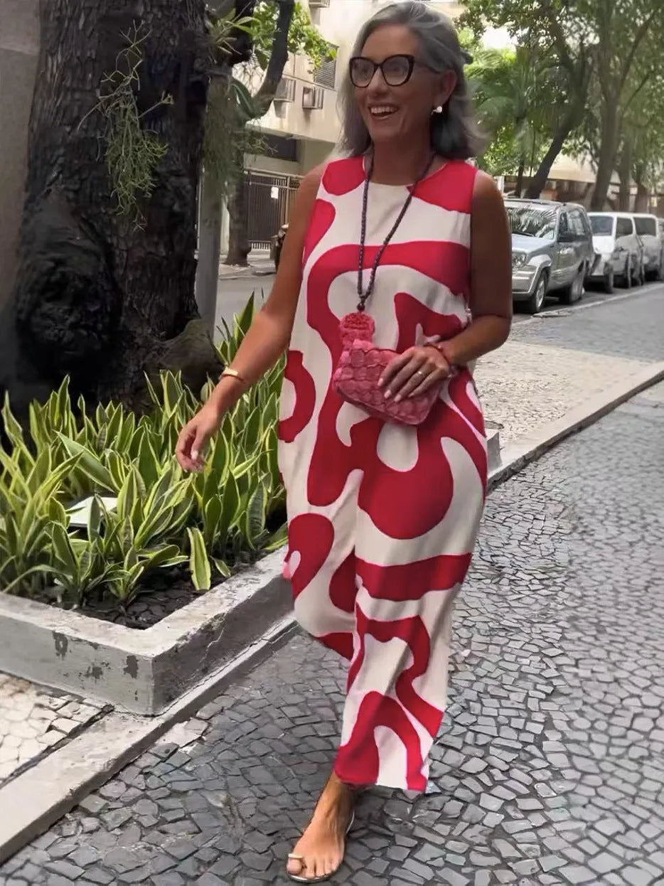 V-neck printed sleeveless A-line dress in Rose Red with abstract pattern, suitable for commuting and casual wear