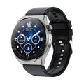 Black Android smart watch with round 1.36-inch screen and silicone strap