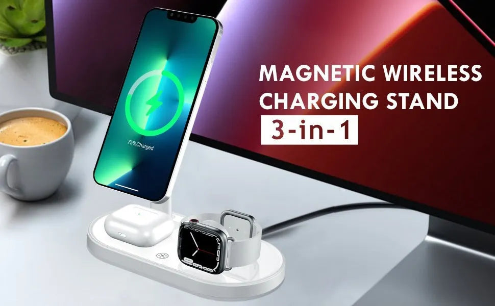 Multifunctional three-in-one magnetic wireless charger with phone holder in black, showing a smartphone upright on the stand