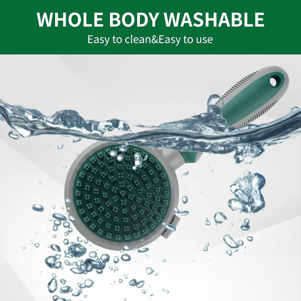 Green two-sided pet grooming brush showing slicker brush and silicone massager sides with anti-slip handle
