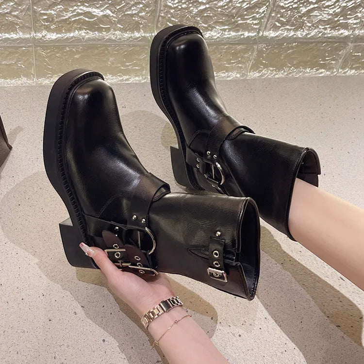 Women's thick-soled Martin boots in black Artificial PU, solid colour, side view
