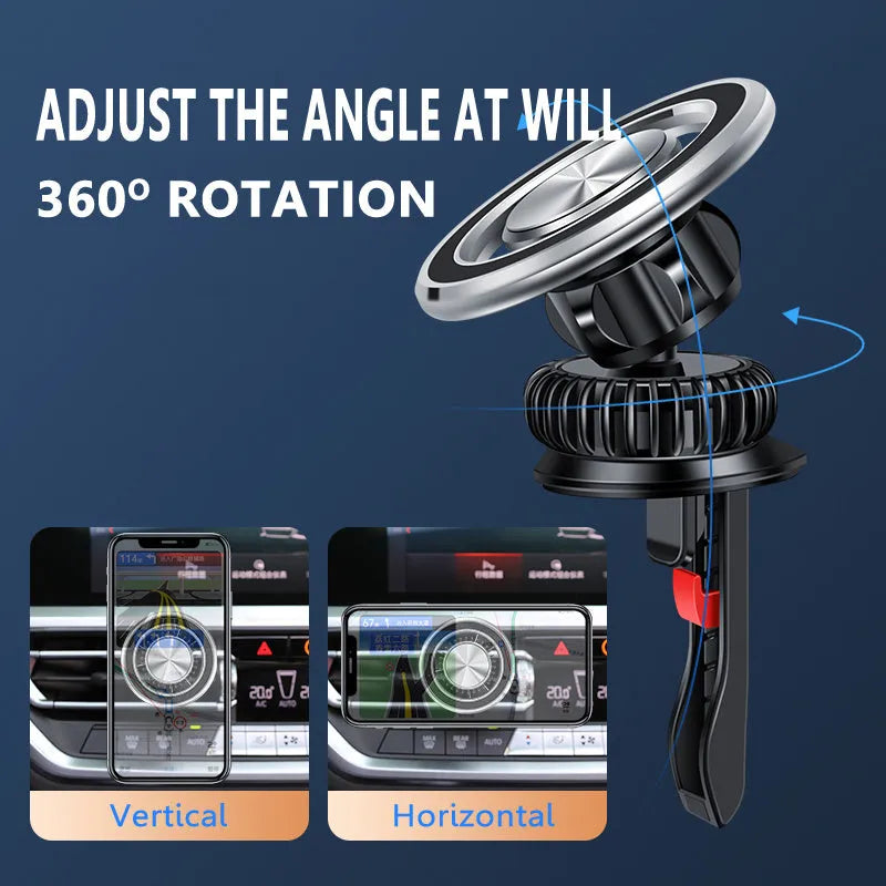 Silver car air vent magnetic phone holder mounted on vehicle ventilation with mobile phone attached