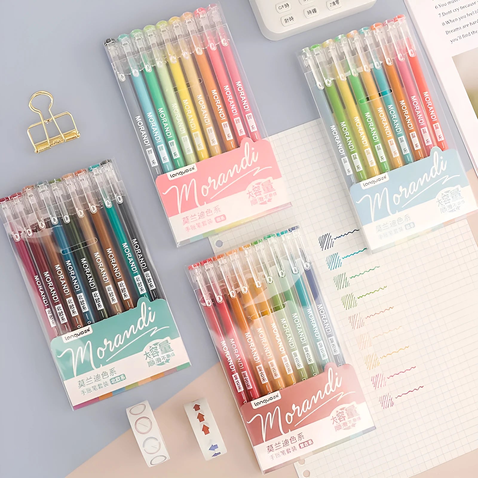 Set of nine 0.5mm needle-tip gel pens in a plastic storage case with Nordic, retro, salt, or sweet style colours.