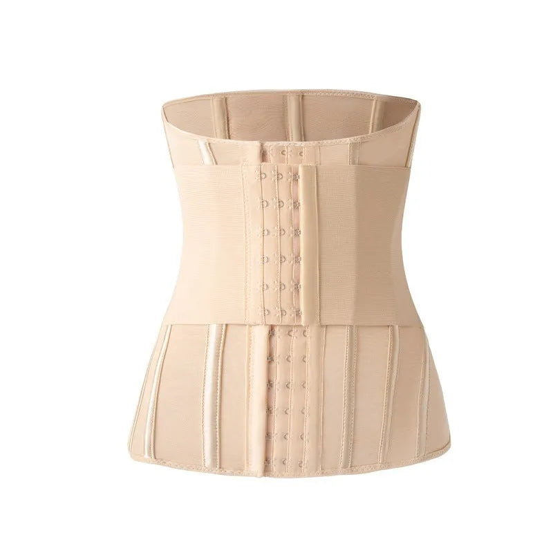 Black nylon waist training slimming belt laid flat, showing adjustable strap.