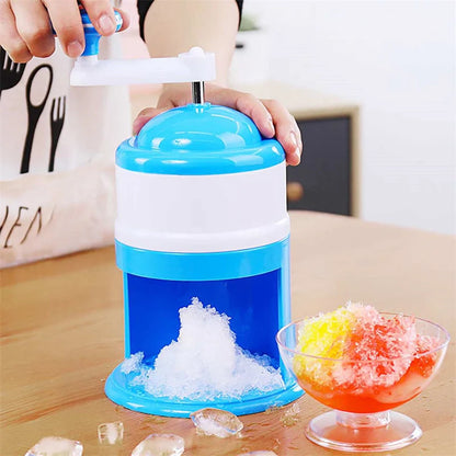 Portable manual ice crusher with stainless steel blade in blue and white