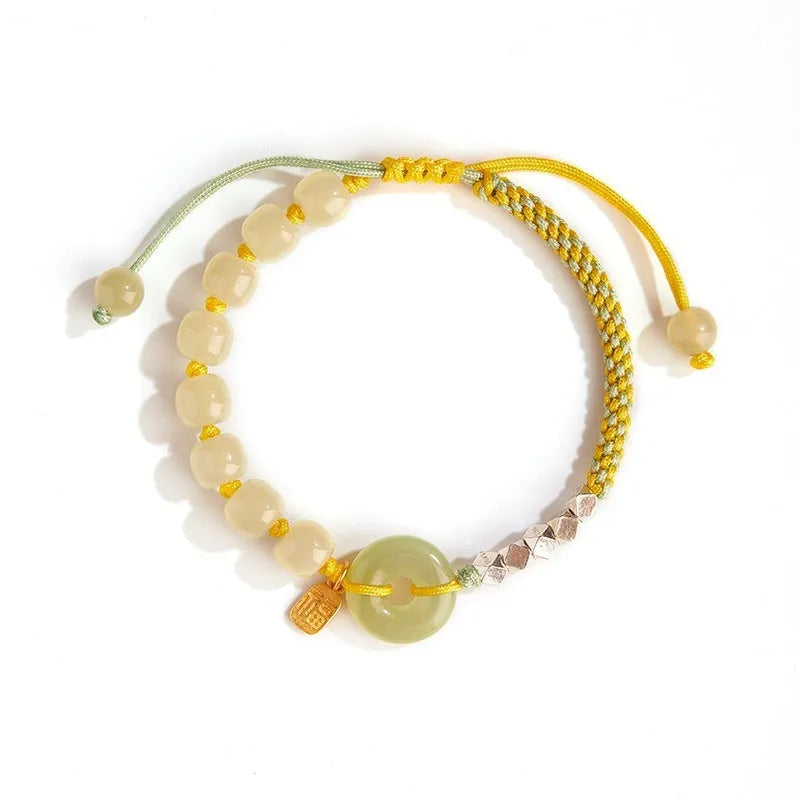 Woven Hetian jade bracelet with safety buckle in flower shape with chamfered square grain pattern